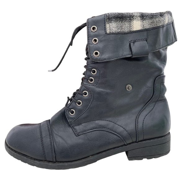 Robert Wayne Black Pleather Cap Toe Fold Top Combat Ankle Boot Womens 8.5 Casual - Picture 4 of 11